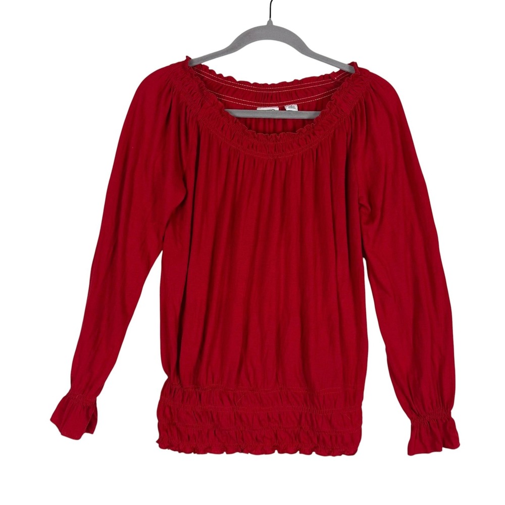 Cato Blouse Womens Small Red Smocked Scoop Neck Long Sleeve Jersey Peasant Top